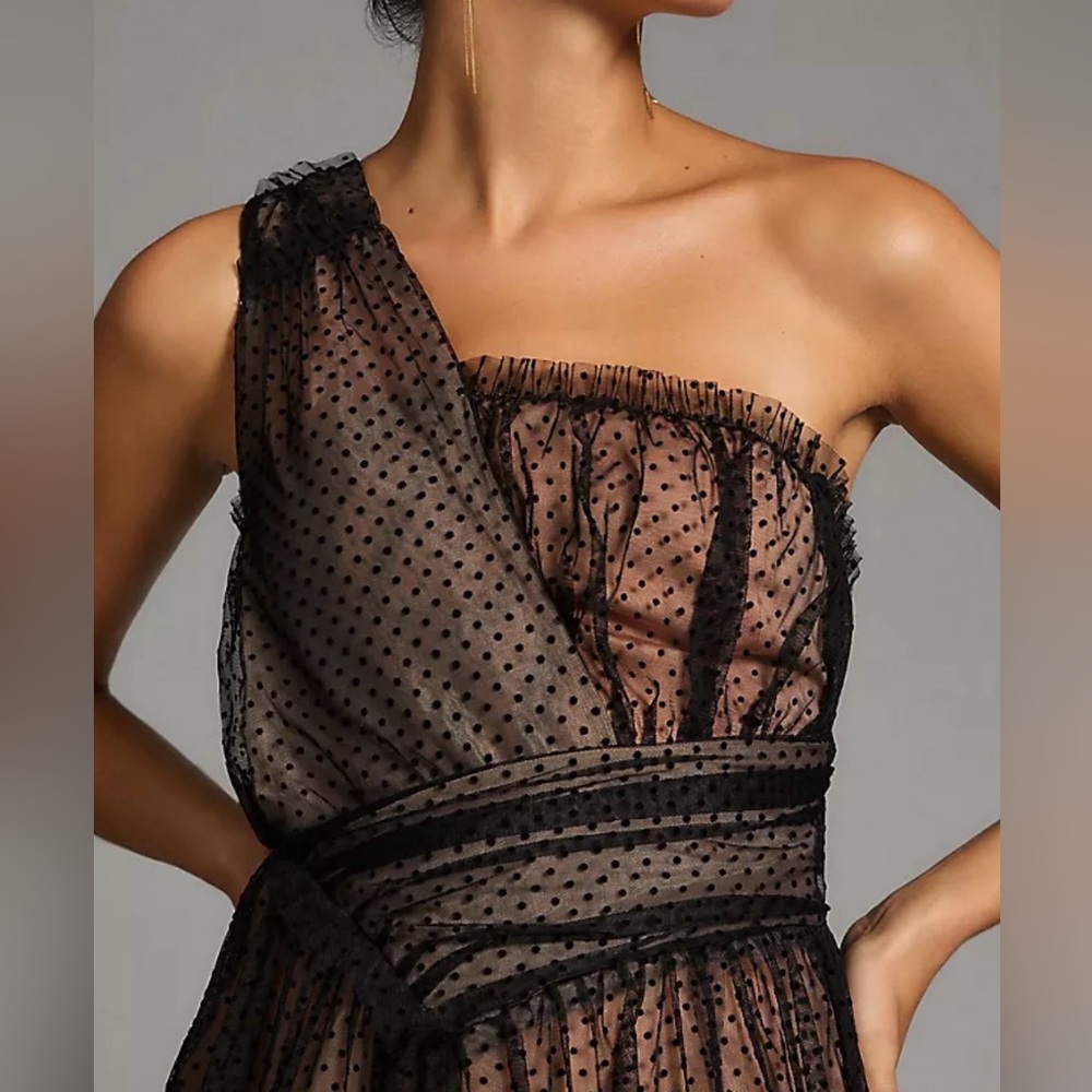Anthropologie Black and Blush One-Shoulder Tulle Dress - Picture 2 of 11